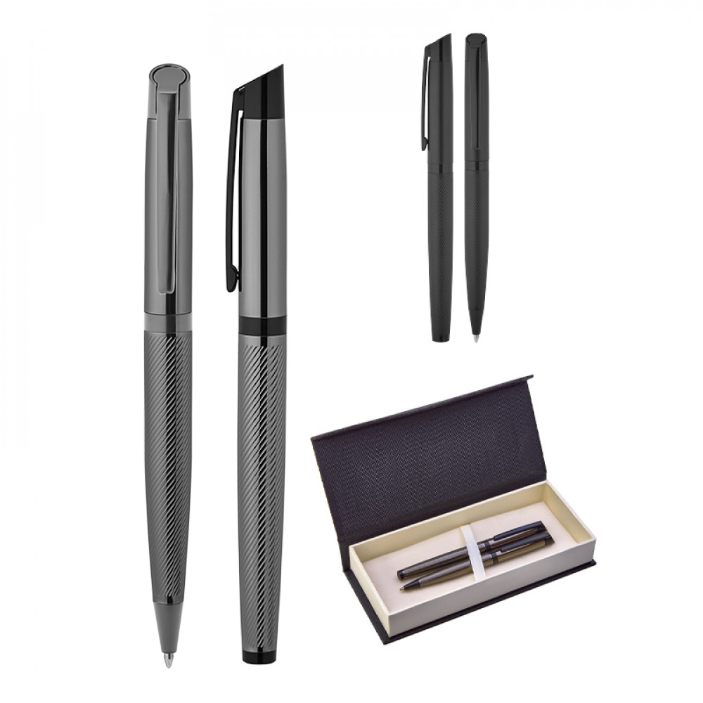 Toptan Promosyon 1111-RT Siyah-Siyah Klips Metal Roller & Tükenmez Kalem Seti Modelleri
