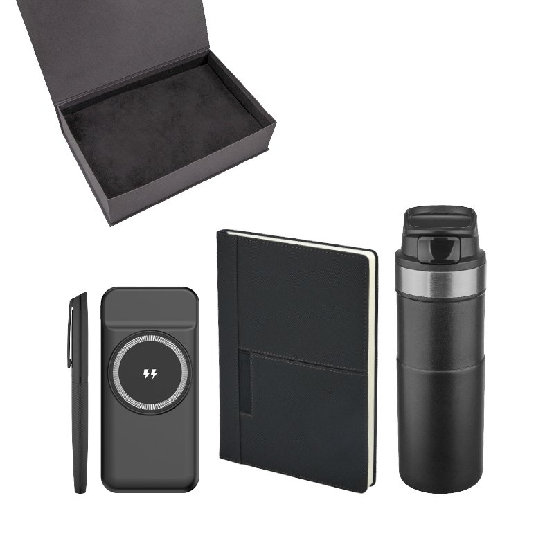 5077 Siyah Kalem & Defter & Powerbank & Termos Set - Kutulu Hediyelik Setler Promosyon Ürünü