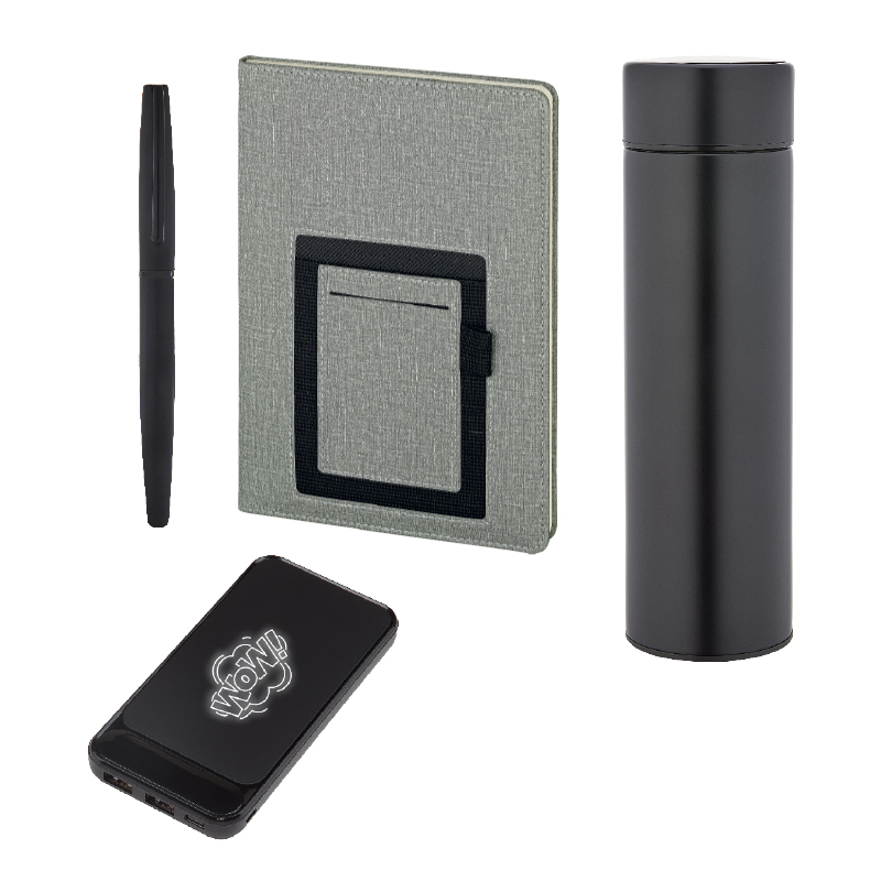 Ucuz Toptan Promosyon 5066 Siyah Defter & Kalem & Powerbank & Termos Set Modeli - 2