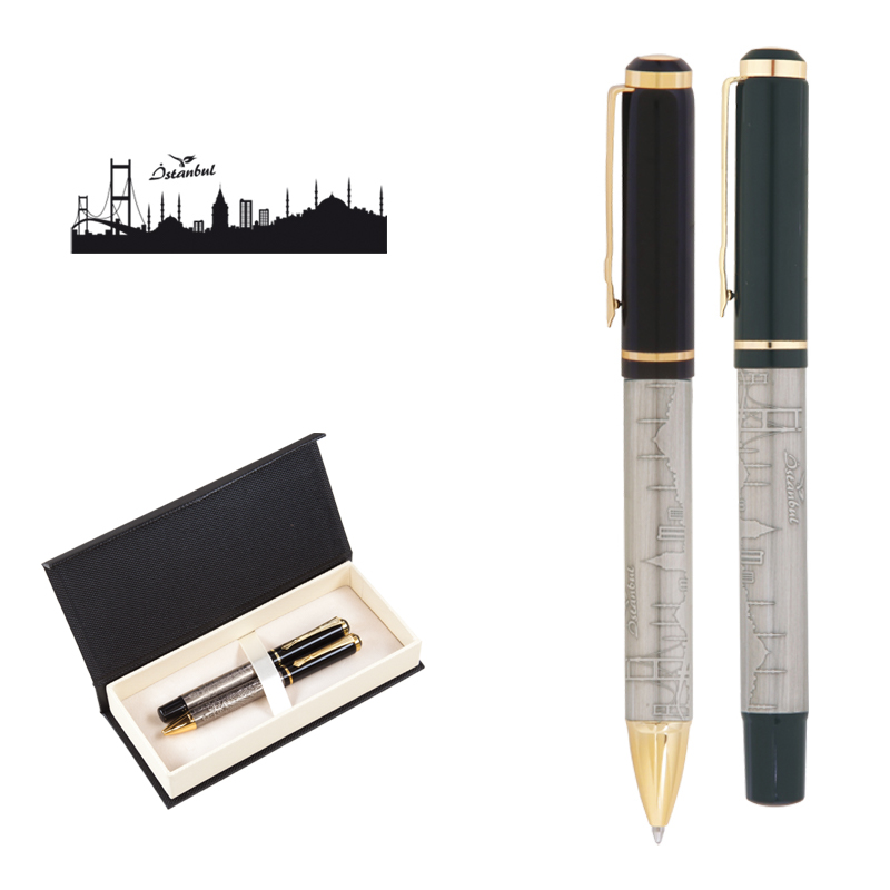 Ucuz Toptan Promosyon 661-RT İstanbul Kabartma Figürlü Metal Roller & Tükenmez Kalem Seti Modeli - 2