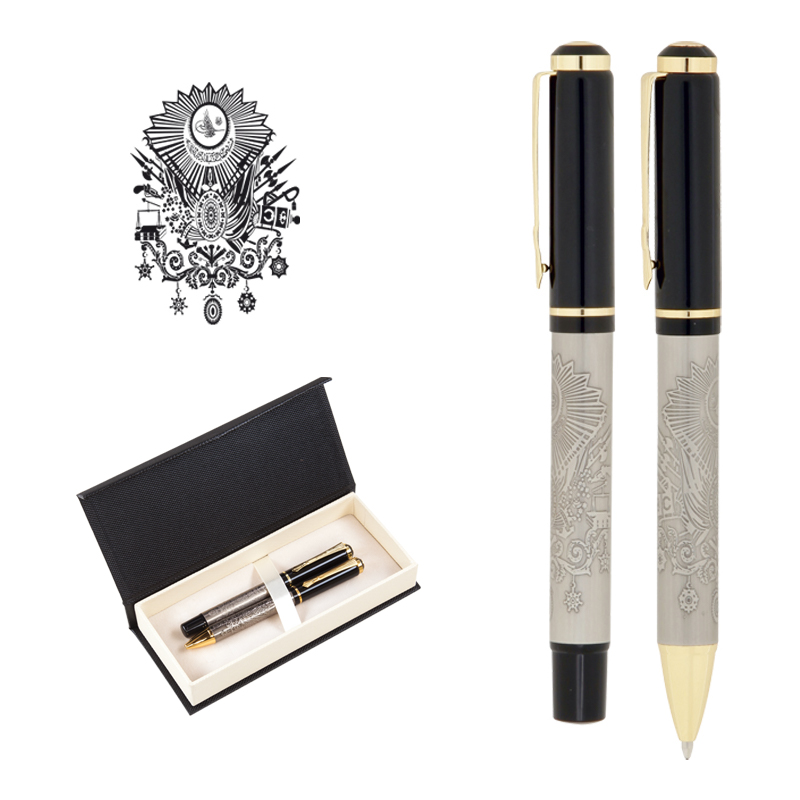 Ucuz Toptan Promosyon 661-RT Tuğra Kabartma Figürlü Metal Roller & Tükenmez Kalem Seti Modeli - 2