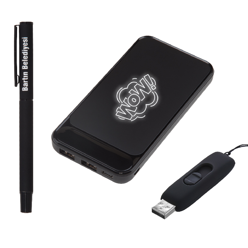 5057 Siyah Kalem & Powerbank & Usb Set - Sadıç Promosyon