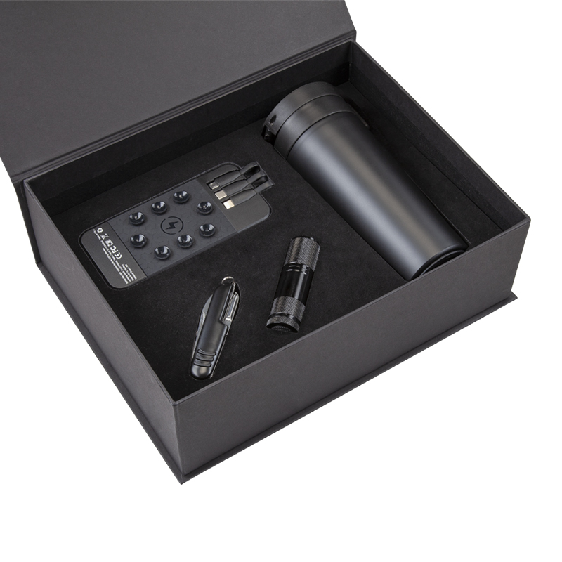 Ucuz Toptan Promosyon 5067 Siyah – Siyah Mug Çakı & Fener & Powerbank & Termos Set Modeli - 1