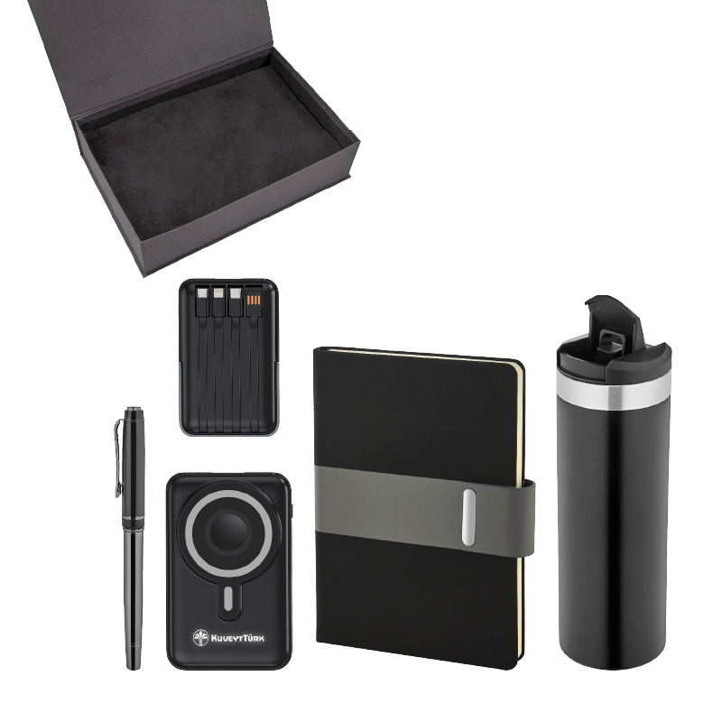 Ucuz Toptan Promosyon 5078 Siyah Kalem & Defter & Powerbank & Termos Set Modeli - 2