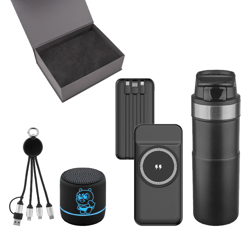 Toptan Promosyon 5082 Siyah Powerbank & Kablo & Hoparlör & Termos Set Modelleri