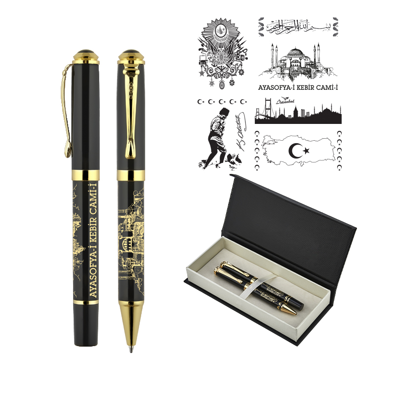 Ucuz Toptan Promosyon 685-RT Besmele Kabartma Figürlü Metal Roller & Tükenmez Kalem Seti Modeli - 2